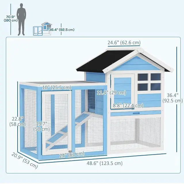 Alt view image 7 of 7 - PawHut 49" Wooden Rabbit Hutch Bunny Cage with Fun Outdoor Run Light Blue | Waterproof Asphalt Roof, Removable Tray and Ramp, for Rabbits, Chickens, Ducks