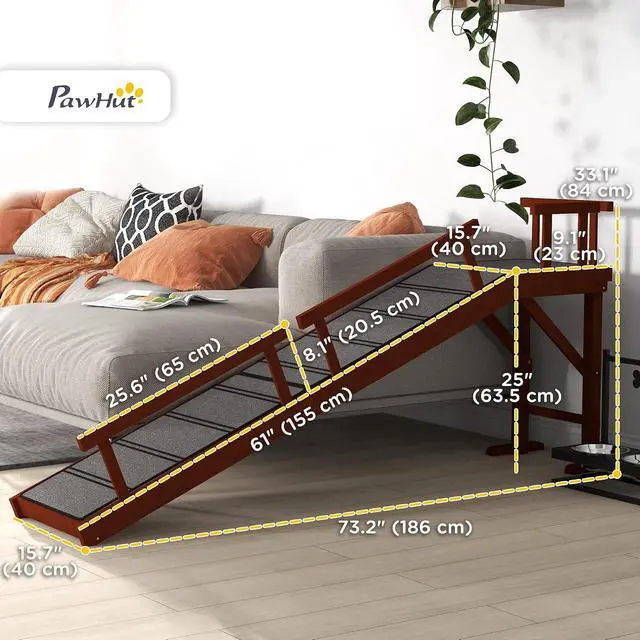 Alt view image 3 of 7 - PawHut Dog Ramp for Large Pets with Removable Guardrails 73" Long Brown | Dog Stairs, Pet Ramp for Bed or Couch, Non-Slip Surface