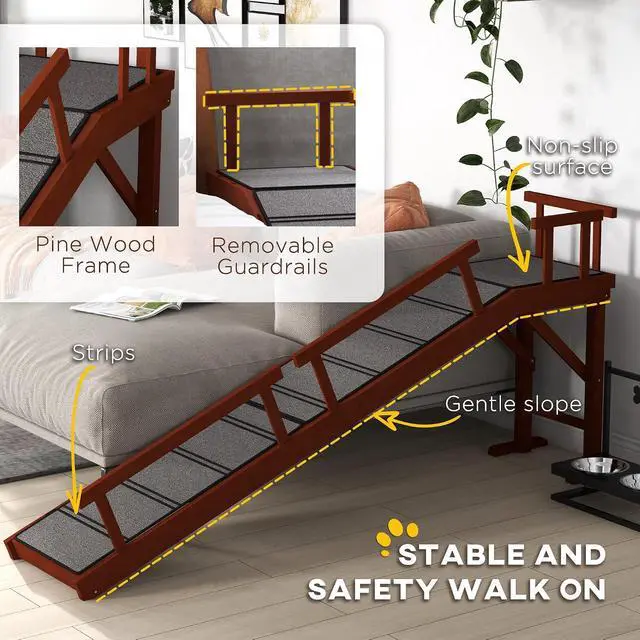 Alt view image 5 of 7 - PawHut Dog Ramp for Large Pets with Removable Guardrails 73" Long Brown | Dog Stairs, Pet Ramp for Bed or Couch, Non-Slip Surface