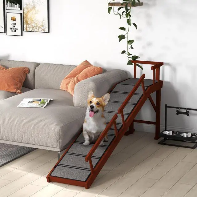 Alt view image 2 of 7 - PawHut Dog Ramp for Large Pets with Removable Guardrails 73" Long Brown | Dog Stairs, Pet Ramp for Bed or Couch, Non-Slip Surface