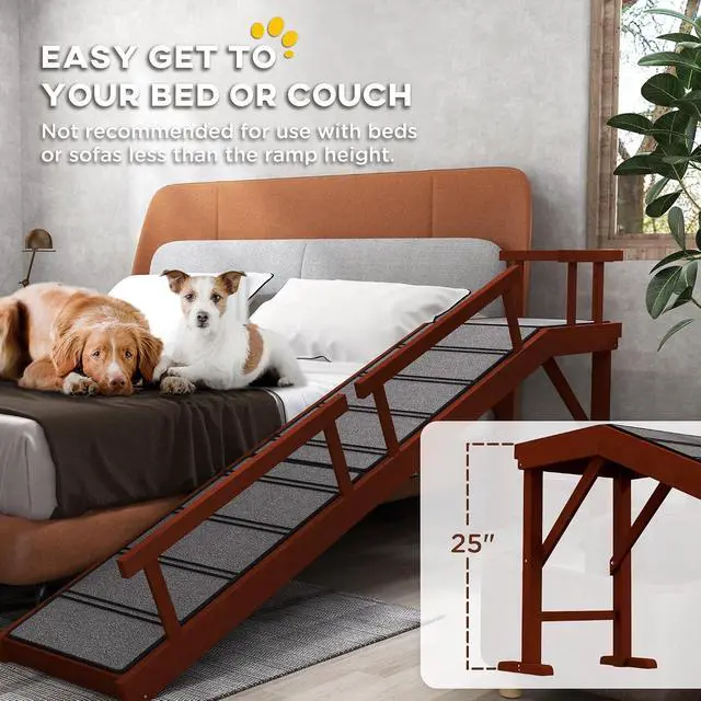 Alt view image 6 of 7 - PawHut Dog Ramp for Large Pets with Removable Guardrails 73" Long Brown | Dog Stairs, Pet Ramp for Bed or Couch, Non-Slip Surface