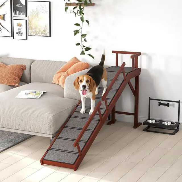 Alt view image 2 of 7 - PawHut Dog Ramp for Large Pets with Removable Guardrails 70.5" Long Brown | Dog Stairs, Pet Ramp for Bed or Couch, Non-Slip Surface