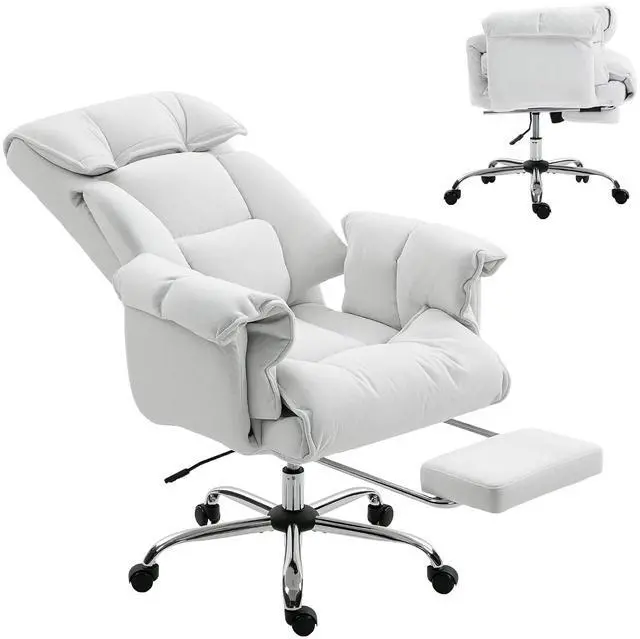 Main image of Executive Office Chair Comfy with Foot Rest Reclining Cream White | Swivel Computer Desk Chair, High Folding Back, Thick Cushion, Padded Armrest, Adjustable Height, Rolling Wheels