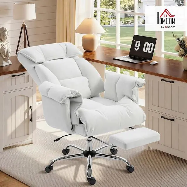 Alt view image 2 of 7 - Executive Office Chair Comfy with Foot Rest Reclining Cream White | Swivel Computer Desk Chair, High Folding Back, Thick Cushion, Padded Armrest, Adjustable Height, Rolling Wheels