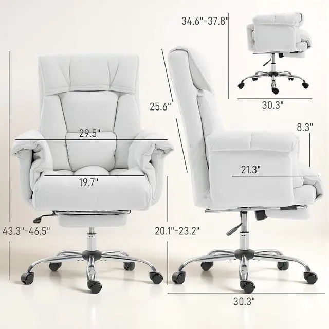 Alt view image 3 of 7 - Executive Office Chair Comfy with Foot Rest Reclining Cream White | Swivel Computer Desk Chair, High Folding Back, Thick Cushion, Padded Armrest, Adjustable Height, Rolling Wheels