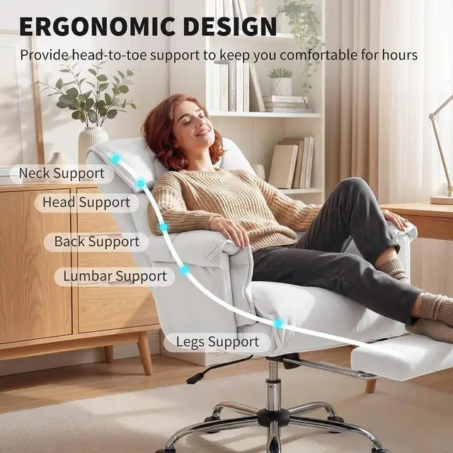 Alt view image 4 of 7 - Executive Office Chair Comfy with Foot Rest Reclining Cream White | Swivel Computer Desk Chair, High Folding Back, Thick Cushion, Padded Armrest, Adjustable Height, Rolling Wheels
