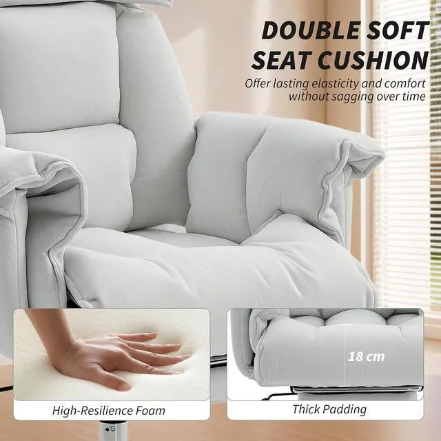 Alt view image 5 of 7 - Executive Office Chair Comfy with Foot Rest Reclining Cream White | Swivel Computer Desk Chair, High Folding Back, Thick Cushion, Padded Armrest, Adjustable Height, Rolling Wheels