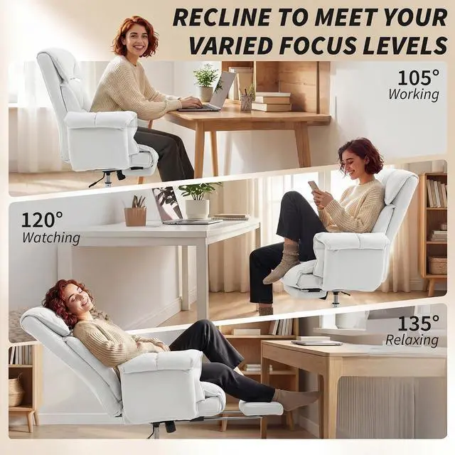 Alt view image 7 of 7 - Executive Office Chair Comfy with Foot Rest Reclining Cream White | Swivel Computer Desk Chair, High Folding Back, Thick Cushion, Padded Armrest, Adjustable Height, Rolling Wheels