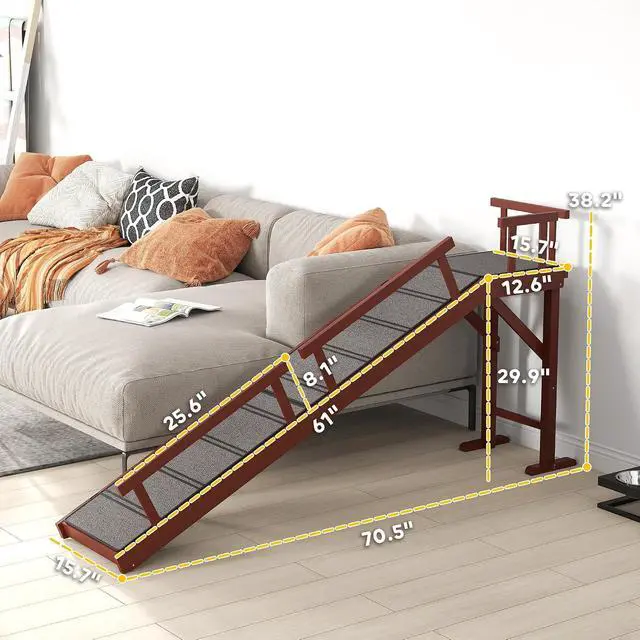 Alt view image 3 of 7 - PawHut Dog Ramp for Large Pets with Removable Guardrails 70.5" Long Brown | Dog Stairs, Pet Ramp for Bed or Couch, Non-Slip Surface