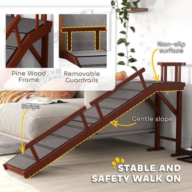 Alt view image 5 of 7 - PawHut Dog Ramp for Large Pets with Removable Guardrails 70.5" Long Brown | Dog Stairs, Pet Ramp for Bed or Couch, Non-Slip Surface