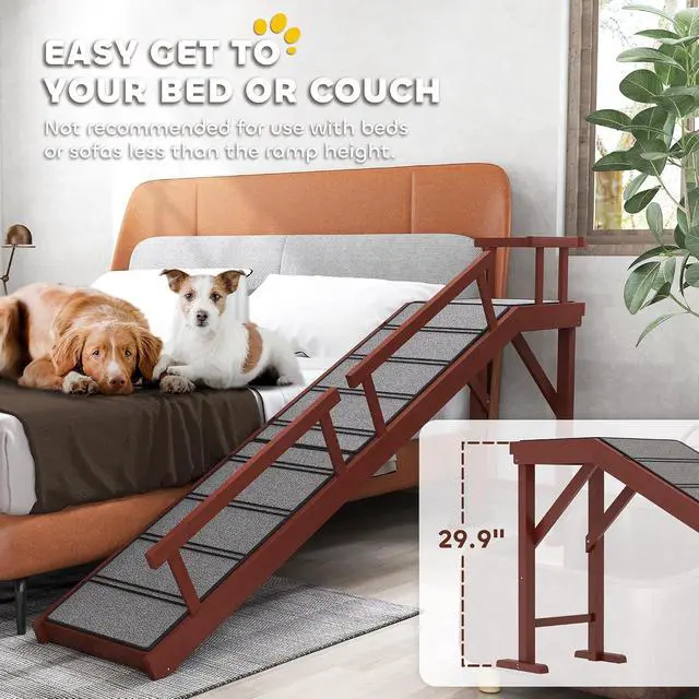 Alt view image 6 of 7 - PawHut Dog Ramp for Large Pets with Removable Guardrails 70.5" Long Brown | Dog Stairs, Pet Ramp for Bed or Couch, Non-Slip Surface