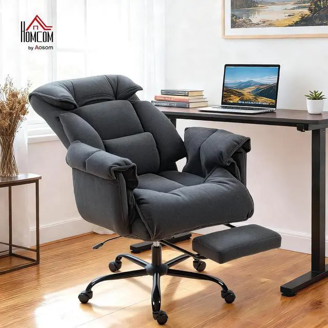 Alt view image 2 of 7 - Executive Office Chair Comfy with Foot Rest Reclining Dark Gray | Swivel Computer Desk Chair, High Folding Back, Thick Cushion, Padded Armrest, Adjustable Height, Rolling Wheels