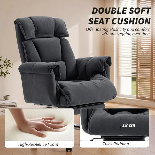 Alt view image 5 of 7 - Executive Office Chair Comfy with Foot Rest Reclining Dark Gray | Swivel Computer Desk Chair, High Folding Back, Thick Cushion, Padded Armrest, Adjustable Height, Rolling Wheels