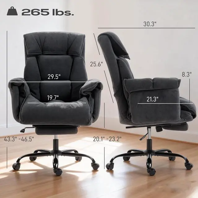 Alt view image 3 of 7 - Executive Office Chair Comfy with Foot Rest Reclining Dark Gray | Swivel Computer Desk Chair, High Folding Back, Thick Cushion, Padded Armrest, Adjustable Height, Rolling Wheels
