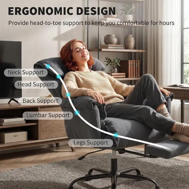 Alt view image 4 of 7 - Executive Office Chair Comfy with Foot Rest Reclining Dark Gray | Swivel Computer Desk Chair, High Folding Back, Thick Cushion, Padded Armrest, Adjustable Height, Rolling Wheels