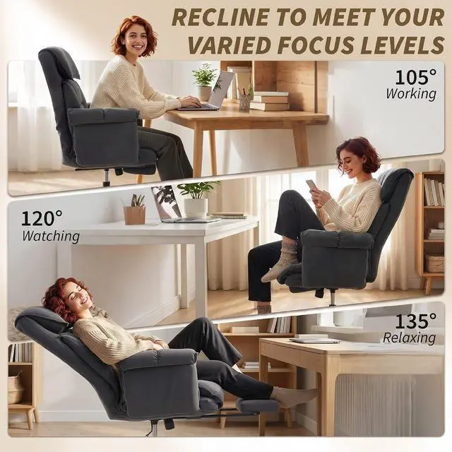 Alt view image 7 of 7 - Executive Office Chair Comfy with Foot Rest Reclining Dark Gray | Swivel Computer Desk Chair, High Folding Back, Thick Cushion, Padded Armrest, Adjustable Height, Rolling Wheels