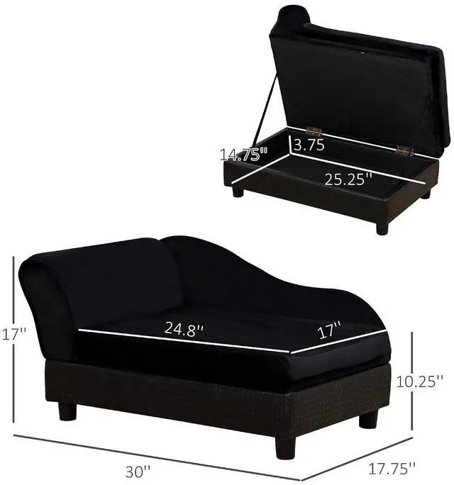Alt view image 7 of 7 - PawHut Luxury Fancy Dog Couch with Hidden Storage for Puppies, Black | Small Dog Sofa Bed with 2" Soft Foam, Modern Pet Furniture for Little Breeds
