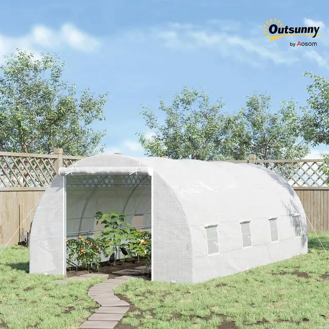 Alt view image 2 of 7 - 20' x 10' x 7' Walk-in Tunnel Greenhouse Zippered Door White | 8 Mesh Windows, Large Garden Green House Kit, Galvanized Steel Frame
