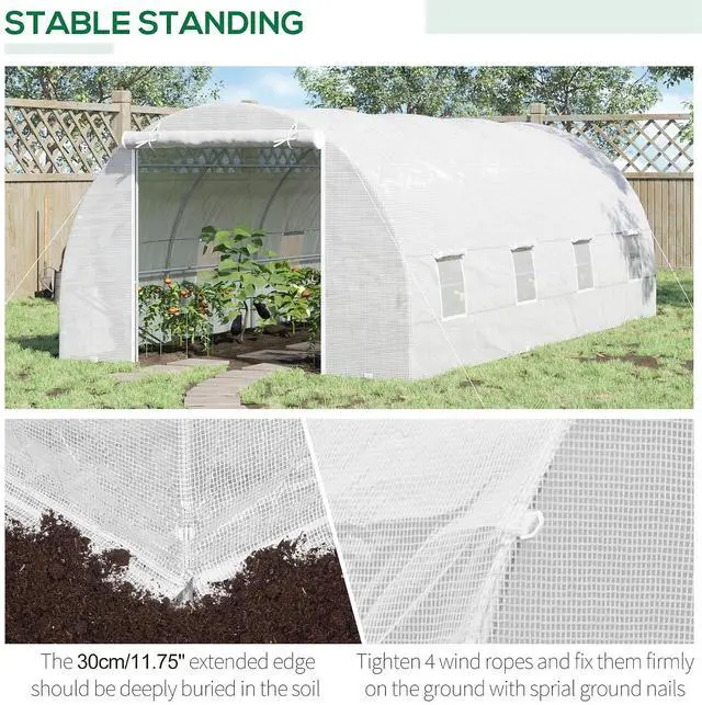 Alt view image 4 of 7 - 20' x 10' x 7' Walk-in Tunnel Greenhouse Zippered Door White | 8 Mesh Windows, Large Garden Green House Kit, Galvanized Steel Frame