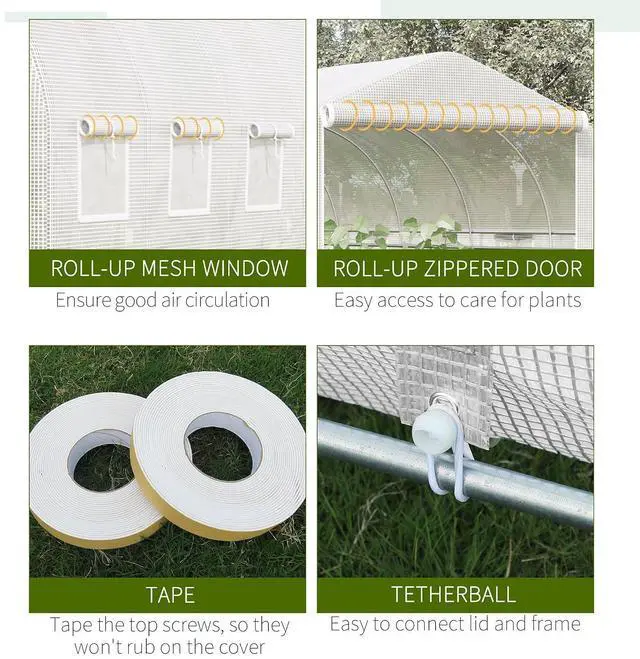 Alt view image 6 of 7 - 20' x 10' x 7' Walk-in Tunnel Greenhouse Zippered Door White | 8 Mesh Windows, Large Garden Green House Kit, Galvanized Steel Frame