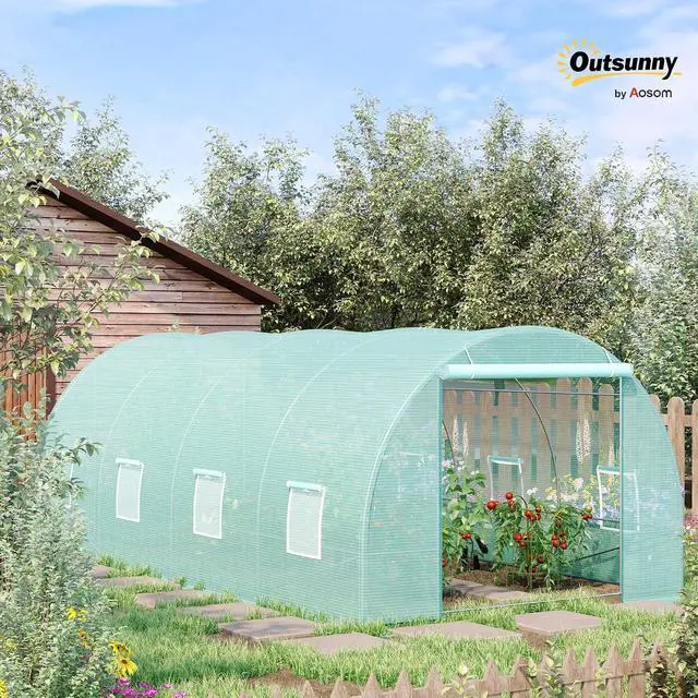 Alt view image 2 of 7 - 20' x 10' x 7' Walk-in Tunnel Greenhouse Zippered Door Green | 8 Mesh Windows, Large Garden Green House Kit, Galvanized Steel Frame