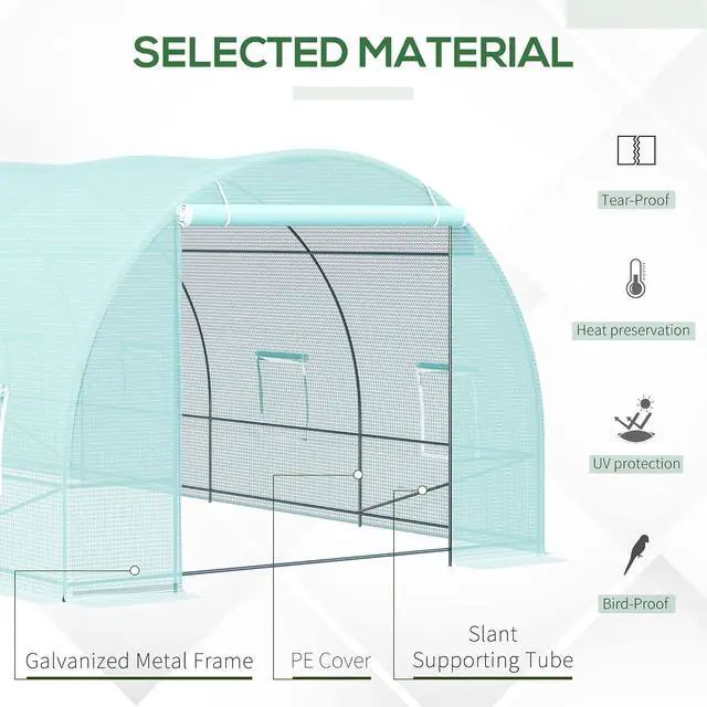Alt view image 3 of 7 - 20' x 10' x 7' Walk-in Tunnel Greenhouse Zippered Door Green | 8 Mesh Windows, Large Garden Green House Kit, Galvanized Steel Frame