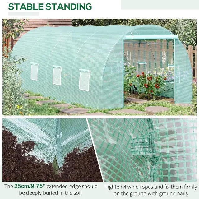 Alt view image 5 of 7 - 20' x 10' x 7' Walk-in Tunnel Greenhouse Zippered Door Green | 8 Mesh Windows, Large Garden Green House Kit, Galvanized Steel Frame