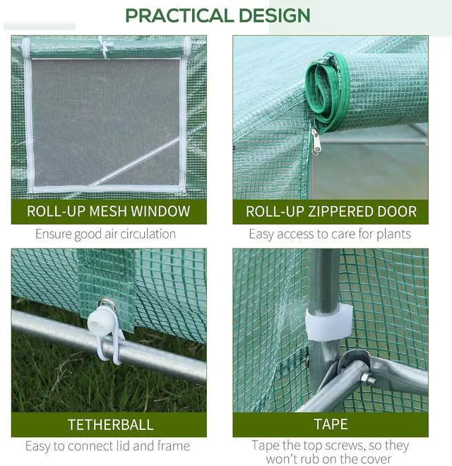 Alt view image 4 of 7 - 20' x 10' x 7' Walk-in Tunnel Greenhouse Zippered Door Green | 8 Mesh Windows, Large Garden Green House Kit, Galvanized Steel Frame