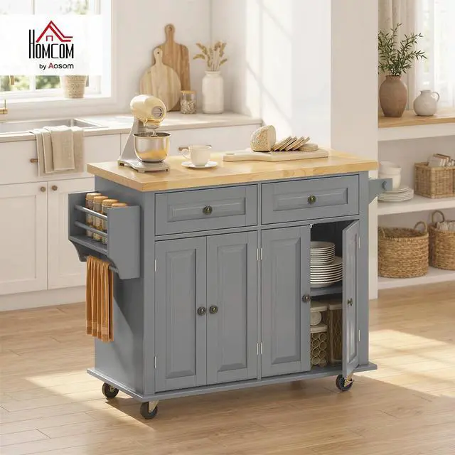 Alt view image 2 of 7 - Kitchen Island Cart with Solid Wood Top 44" Mobile Gray | Kitchen Island Table, on Wheels, Storage Cabinets, 2 Drawers, Adjustable Shelves, Spice Rack & Towel Bar, for Dining Room