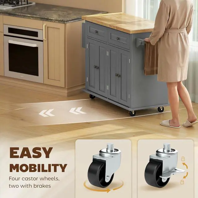 Alt view image 6 of 7 - Kitchen Island Cart with Solid Wood Top 44" Mobile Gray | Kitchen Island Table, on Wheels, Storage Cabinets, 2 Drawers, Adjustable Shelves, Spice Rack & Towel Bar, for Dining Room