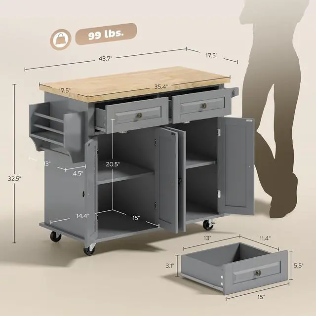 Alt view image 7 of 7 - Kitchen Island Cart with Solid Wood Top 44" Mobile Gray | Kitchen Island Table, on Wheels, Storage Cabinets, 2 Drawers, Adjustable Shelves, Spice Rack & Towel Bar, for Dining Room