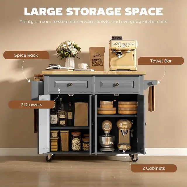 Alt view image 5 of 7 - Kitchen Island Cart with Solid Wood Top 44" Mobile Gray | Kitchen Island Table, on Wheels, Storage Cabinets, 2 Drawers, Adjustable Shelves, Spice Rack & Towel Bar, for Dining Room
