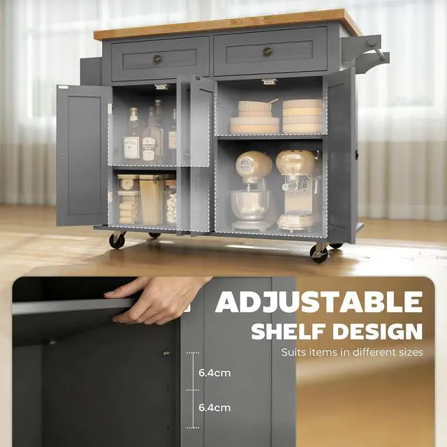 Alt view image 4 of 7 - Kitchen Island Cart with Solid Wood Top 44" Mobile Gray | Kitchen Island Table, on Wheels, Storage Cabinets, 2 Drawers, Adjustable Shelves, Spice Rack & Towel Bar, for Dining Room