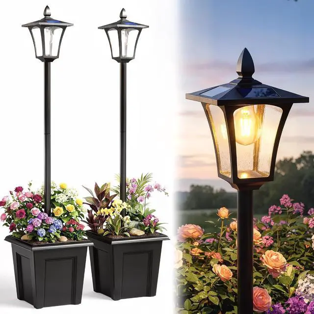 Main image of 63" Solar Lamp Post Lights Waterproof with Planter 2-Pack Black | LED Solar Light Posts, Outdoor Lamps, Patio Backyard Pathway Garden Lawn