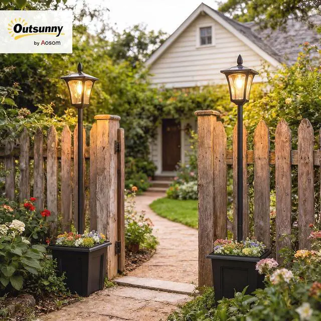 Alt view image 2 of 7 - 63" Solar Lamp Post Lights Waterproof with Planter 2-Pack Black | LED Solar Light Posts, Outdoor Lamps, Patio Backyard Pathway Garden Lawn