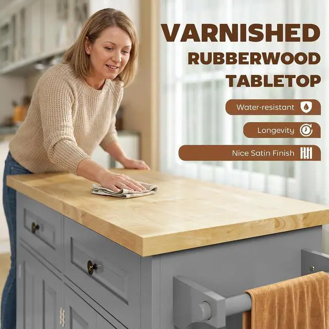 Alt view image 3 of 7 - Kitchen Island Cart with Solid Wood Top 44" Mobile Gray | Kitchen Island Table, on Wheels, Storage Cabinets, 2 Drawers, Adjustable Shelves, Spice Rack & Towel Bar, for Dining Room