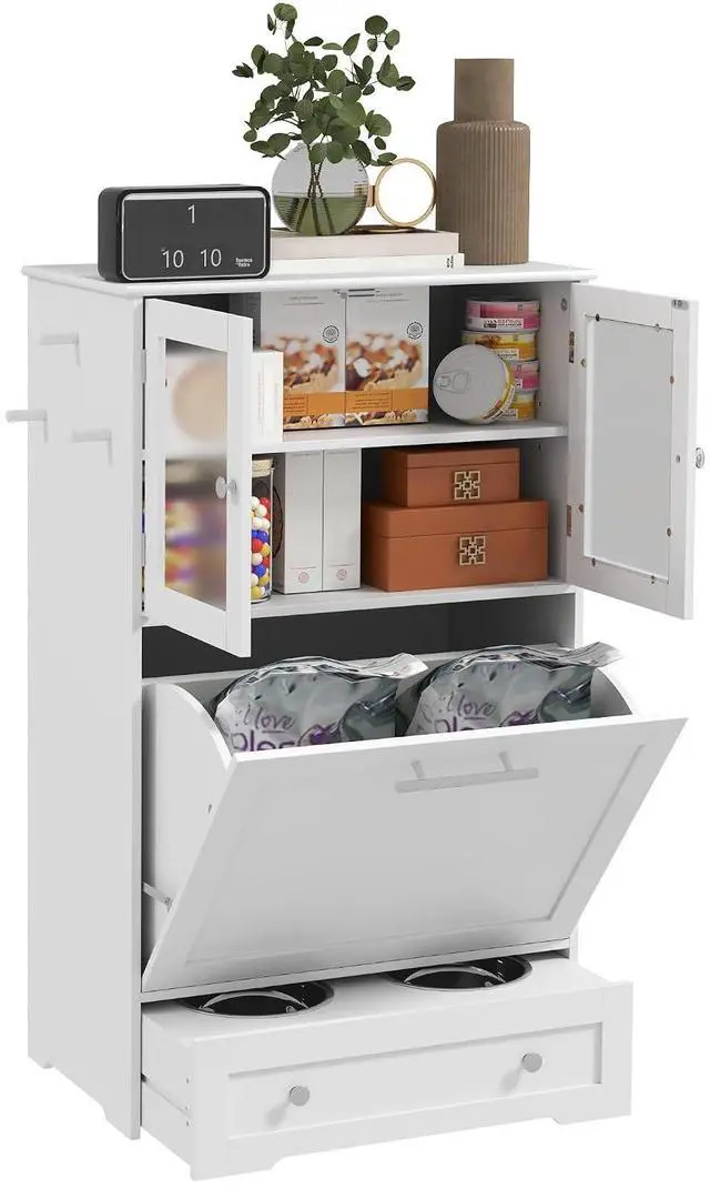 Main image of PawHut Dog Feeding Station, 2 Storage Cabinets, Elevated Dog Bowls, White | Side Hooks, Anti-tip Kit, Hidden Pet Feeder Station for Feeding & Watering
