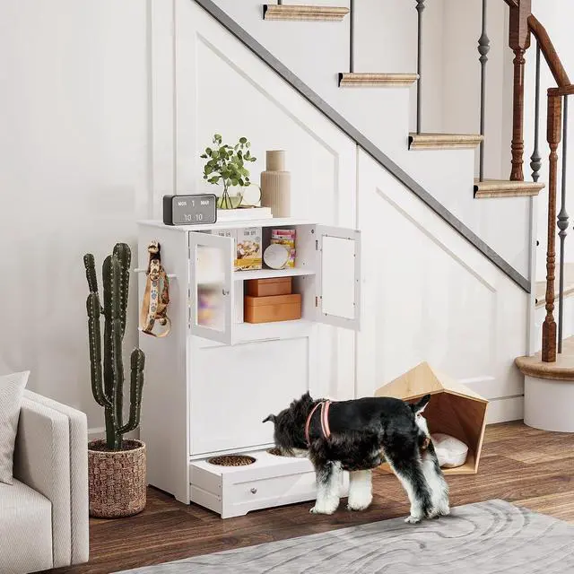 Alt view image 2 of 7 - PawHut Dog Feeding Station, 2 Storage Cabinets, Elevated Dog Bowls, White | Side Hooks, Anti-tip Kit, Hidden Pet Feeder Station for Feeding & Watering