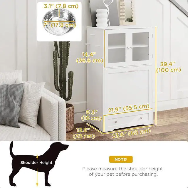 Alt view image 3 of 7 - PawHut Dog Feeding Station, 2 Storage Cabinets, Elevated Dog Bowls, White | Side Hooks, Anti-tip Kit, Hidden Pet Feeder Station for Feeding & Watering