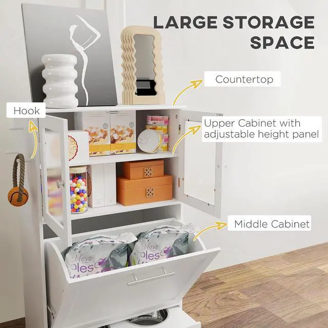 Alt view image 5 of 7 - PawHut Dog Feeding Station, 2 Storage Cabinets, Elevated Dog Bowls, White | Side Hooks, Anti-tip Kit, Hidden Pet Feeder Station for Feeding & Watering