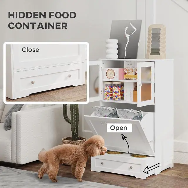 Alt view image 4 of 7 - PawHut Dog Feeding Station, 2 Storage Cabinets, Elevated Dog Bowls, White | Side Hooks, Anti-tip Kit, Hidden Pet Feeder Station for Feeding & Watering