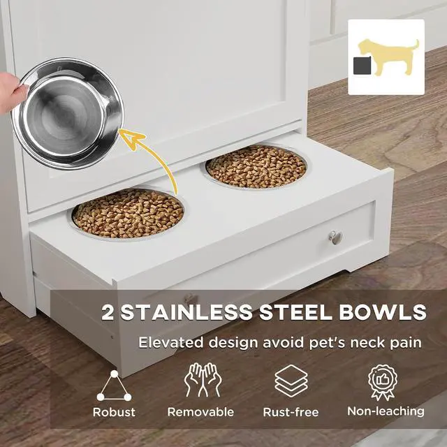 Alt view image 6 of 7 - PawHut Dog Feeding Station, 2 Storage Cabinets, Elevated Dog Bowls, White | Side Hooks, Anti-tip Kit, Hidden Pet Feeder Station for Feeding & Watering