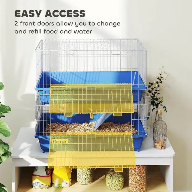 Alt view image 3 of 7 - PawHut 2-Tier Guinea Pig Cage, Ferret Cage, Chinchilla Cage, Small Animal Cage Indoor with Dish and Bottle, 2 Doors, Deep Bottoms, Ramp, 28", Blue | with Dish and Bottle, 2 Doors, Deep Bottoms, Ramp