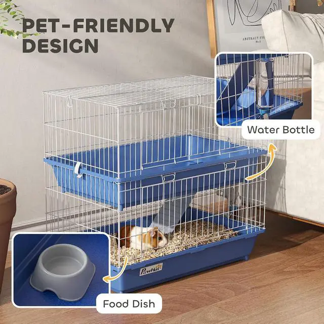 Alt view image 4 of 7 - PawHut 2-Tier Guinea Pig Cage, Ferret Cage, Chinchilla Cage, Small Animal Cage Indoor with Dish and Bottle, 2 Doors, Deep Bottoms, Ramp, 28", Blue | with Dish and Bottle, 2 Doors, Deep Bottoms, Ramp