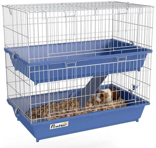 Main image of PawHut 2-Tier Guinea Pig Cage, Ferret Cage, Chinchilla Cage, Small Animal Cage Indoor with Dish and Bottle, 2 Doors, Deep Bottoms, Ramp, 28", Blue | with Dish and Bottle, 2 Doors, Deep Bottoms, Ramp