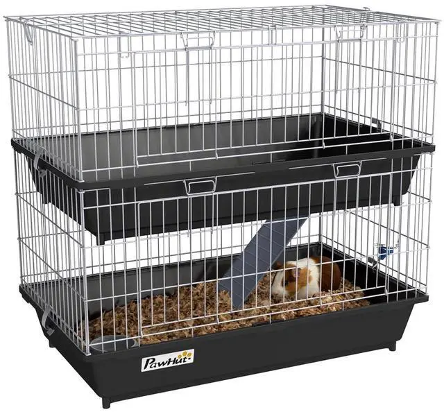Main image of PawHut 2-Tier Small Animal Cage Chinchilla Ferret Cage Indoor 28" Black | with Dish and Bottle, 2 Doors, Deep Bottoms, Ramp