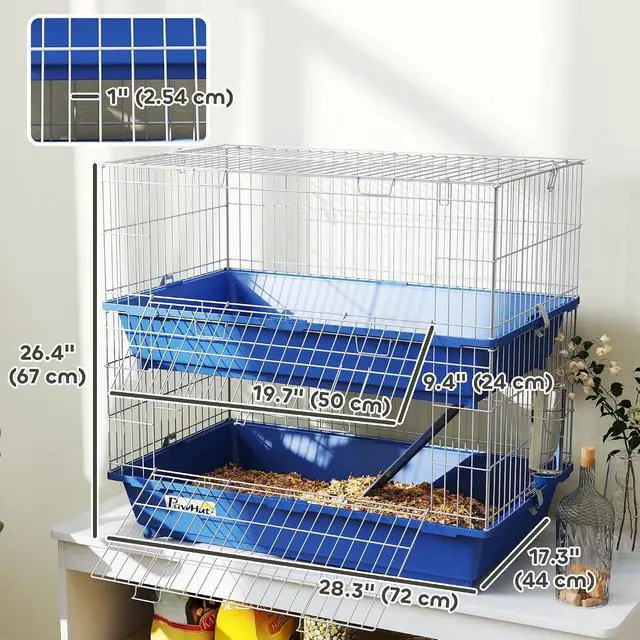 Alt view image 7 of 7 - PawHut 2-Tier Guinea Pig Cage, Ferret Cage, Chinchilla Cage, Small Animal Cage Indoor with Dish and Bottle, 2 Doors, Deep Bottoms, Ramp, 28", Blue | with Dish and Bottle, 2 Doors, Deep Bottoms, Ramp