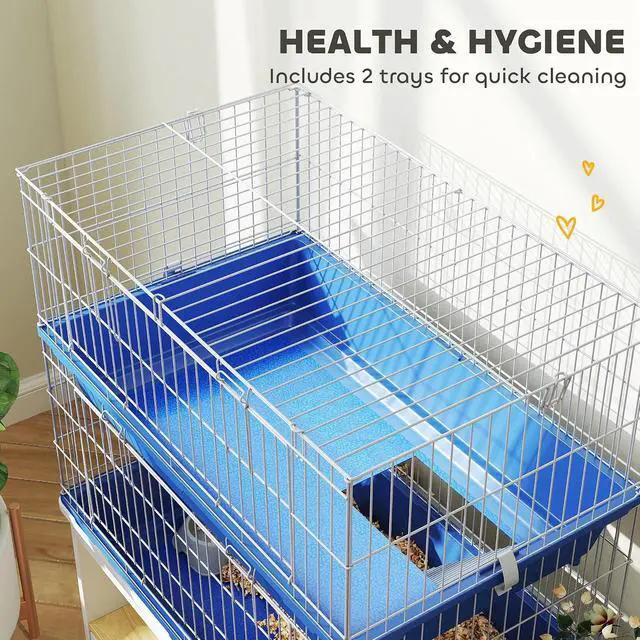 Alt view image 6 of 7 - PawHut 2-Tier Guinea Pig Cage, Ferret Cage, Chinchilla Cage, Small Animal Cage Indoor with Dish and Bottle, 2 Doors, Deep Bottoms, Ramp, 28", Blue | with Dish and Bottle, 2 Doors, Deep Bottoms, Ramp