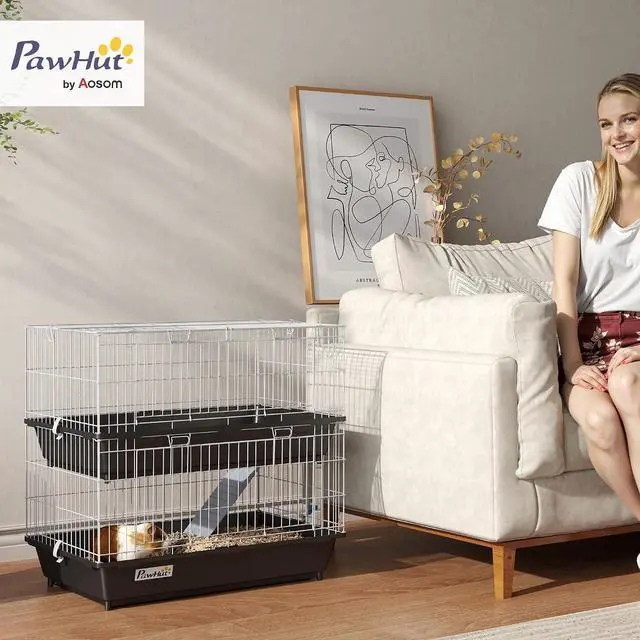 Alt view image 2 of 7 - PawHut 2-Tier Small Animal Cage Chinchilla Ferret Cage Indoor 28" Black | with Dish and Bottle, 2 Doors, Deep Bottoms, Ramp