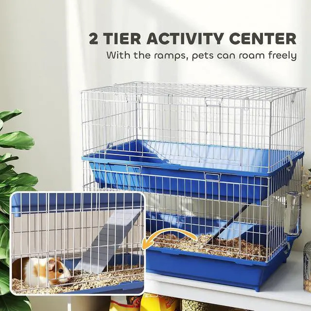 Alt view image 5 of 7 - PawHut 2-Tier Guinea Pig Cage, Ferret Cage, Chinchilla Cage, Small Animal Cage Indoor with Dish and Bottle, 2 Doors, Deep Bottoms, Ramp, 28", Blue | with Dish and Bottle, 2 Doors, Deep Bottoms, Ramp